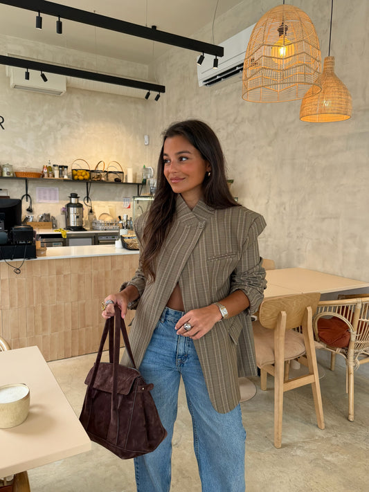 Asymmetrical Blazer in Taupe Plaid - PRE ORDER Shipping 13/04 to 17/04