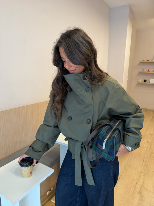 Cropped High Neck Trench Coat in Khaki
