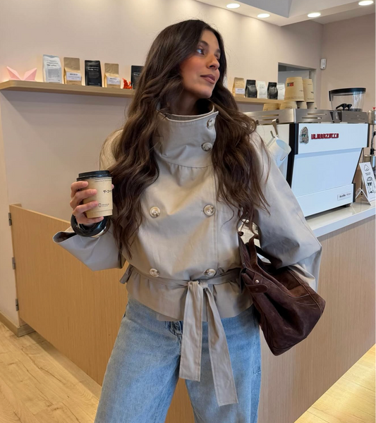 Cropped High Neck Trench Coat in Beige