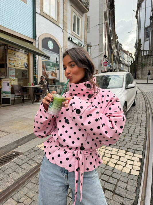 Cropped High Neck Polka Dot Trench Coat in Pink - Shipping/Envio 20/04 to 24/04